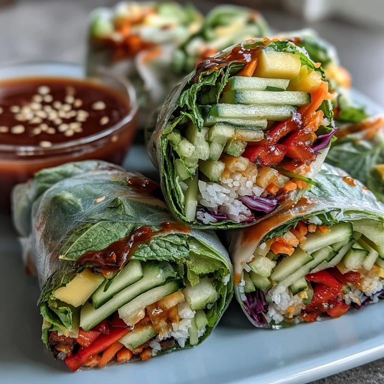 Fresh herbs and colorful veggies wrapped in translucent rice paper, showcasing Vegan Mango Avocado Spring Rolls with Sweet Chili Sauce.