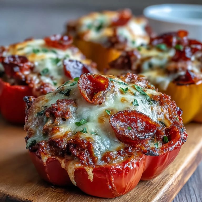 Goldbrauner Keto Pizza Stuffed Peppers mit roten Paprikahälften und würziger Pepperoni auf einem Holztisch.