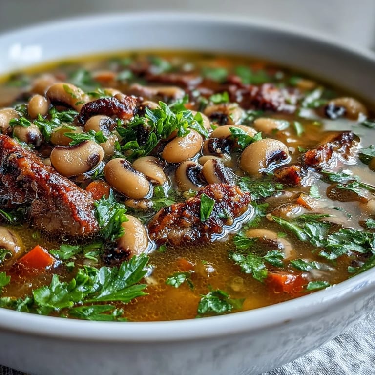 1. Herzhafter Teller mit Black-Eyed Peas und Sausage Soup, gefüllt mit italienischer Wurst, Gemüse und aromatischem Brühe.