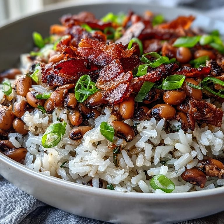 1. Herzhaftes Hoppin John mit schwarzen Augenbohnen, knusprigem Speck und duftendem Reis – ein traditionelles Southern Gericht zum Glück.