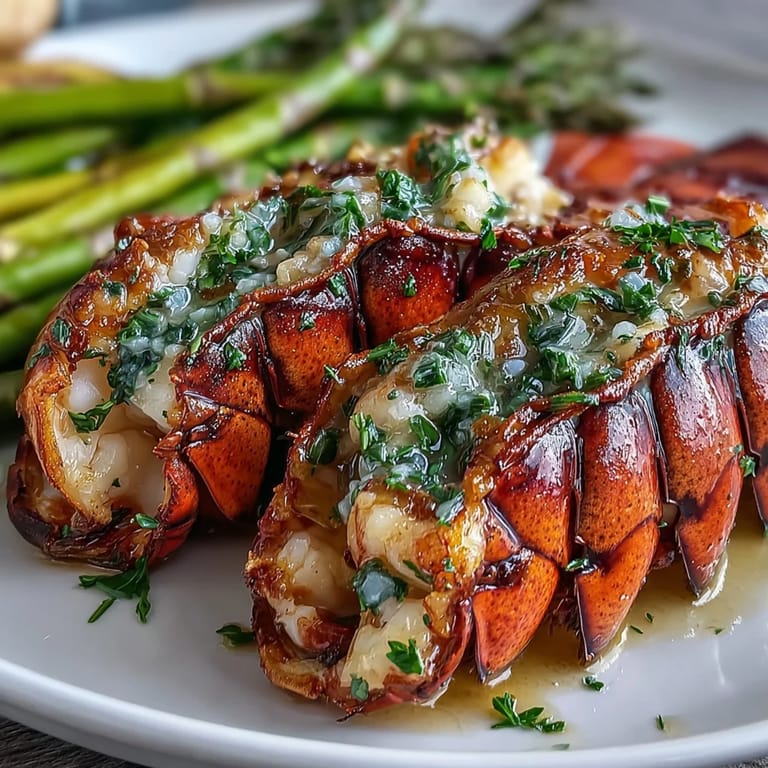 1. Keto-Lobster-Tails mit Spargel in Knoblauchbutter, perfekt für ein luxuriöses, kohlenhydratarmes Abendessen.