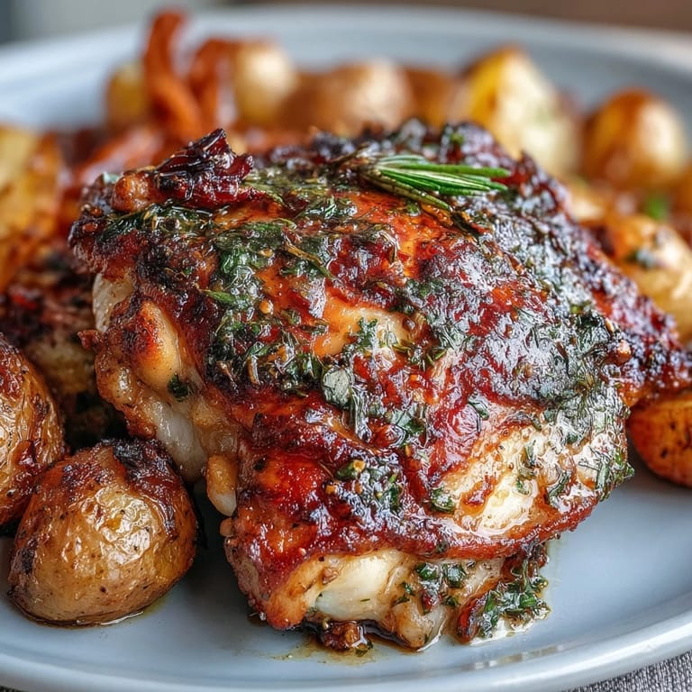 2. Duftendes Kräuter-Hähnchen mit knuspriger Haut, serviert auf einem Bett aus gerösteten Kartoffeln und Karotten für ein wohliges Abendessen.