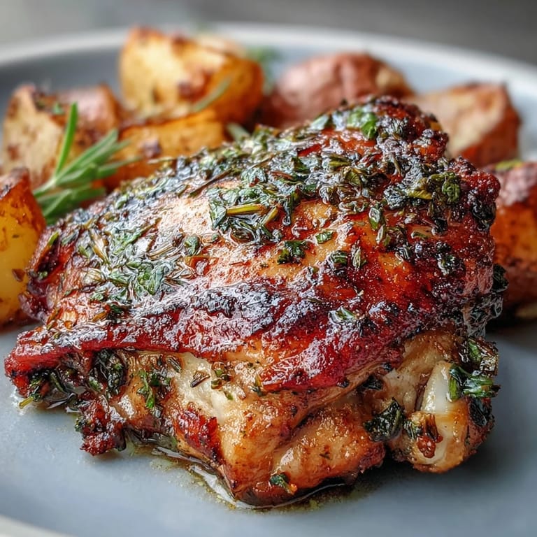 3. Hähnchenschenkel mit Kräuter-Kruste, begleitet von geröstetem Gemüse, ideal für ein einfaches und geschmackvolles Familienessen.