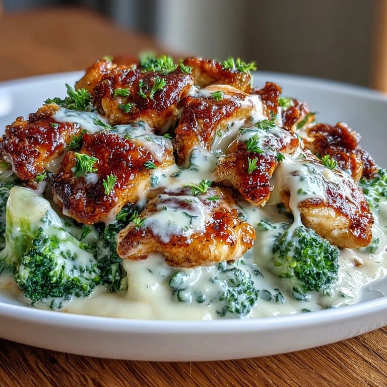 Köstliches Keto-Hühnchen Alfredo auf Brokkoli-Nudeln, mit goldbraunem Hühnchen in cremiger Sauce.
