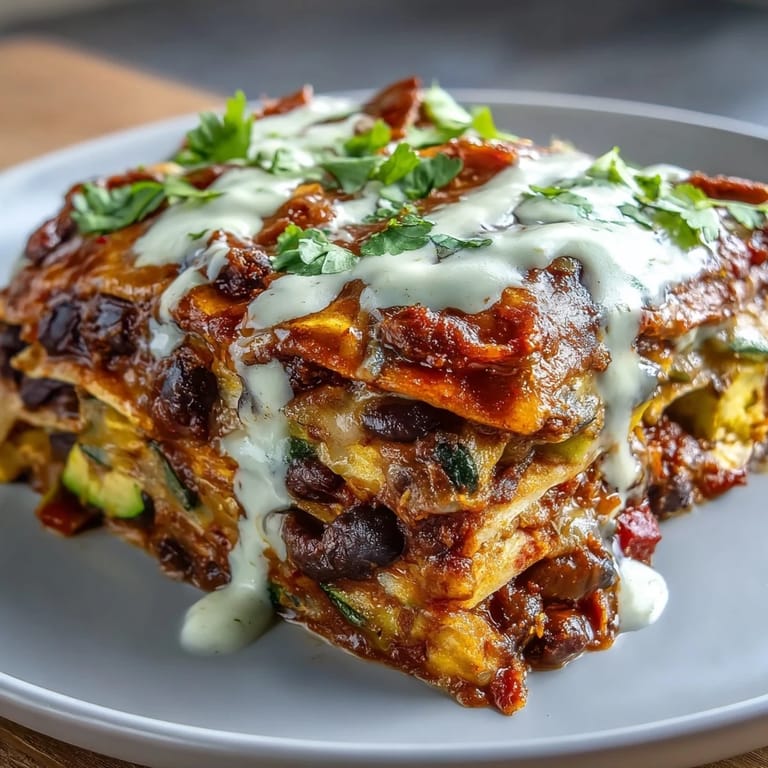 Schichtweise Schwarze-Bohnen-Füllung, Gemüse und Tortillas in würziger Enchilada-Sauce, getoppt mit Avocado-Creme.  