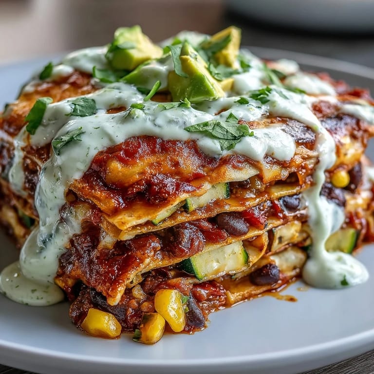 Pflanzlicher Enchilada-Auflauf mit rauchiger Sauce, schwarzen Bohnen und zarter Avocado-Sauce zum Löffeln.