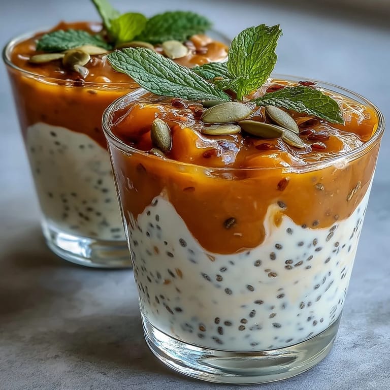 2. Leichte Frühstücksbecher mit veganem Chia-Pudding und saftigem Mango-Topping, perfekt für einen erfrischenden Start.  