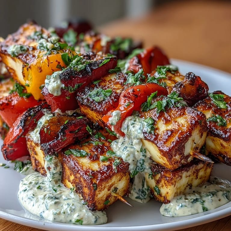2. Mediterrane Halloumi-Spieße mit gegrilltem Gemüse – perfekt für den Sommer, mit knackigem Gemüse und würzigem Halloumi, begleitet von cremiger Kräuter-Joghurtsauce.  