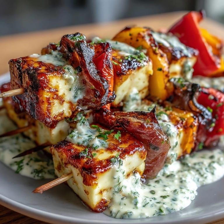 3. Vegetarische Grillspieße mit Halloumi und Kräuter-Joghurtsauce – zarte Halloumi-Würfel und gegrilltes Gemüse, serviert mit kühler, aromatischer Joghurtsauce.