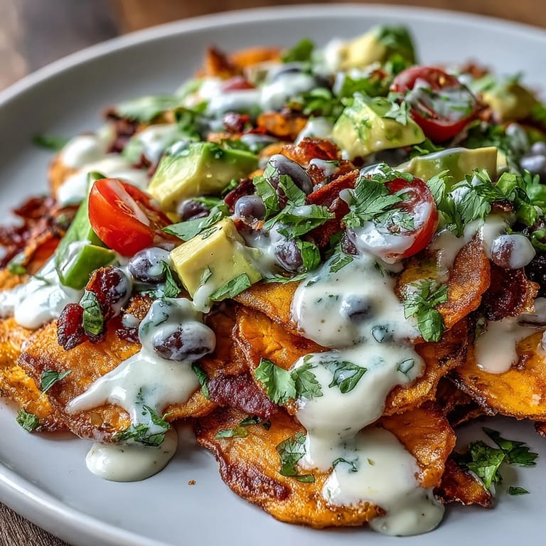 Farbenfrohe vegane Süßkartoffelnachos mit herzhaften schwarzen Bohnen und würzigem Cashew-Queso, ideal für jede Gelegenheit.