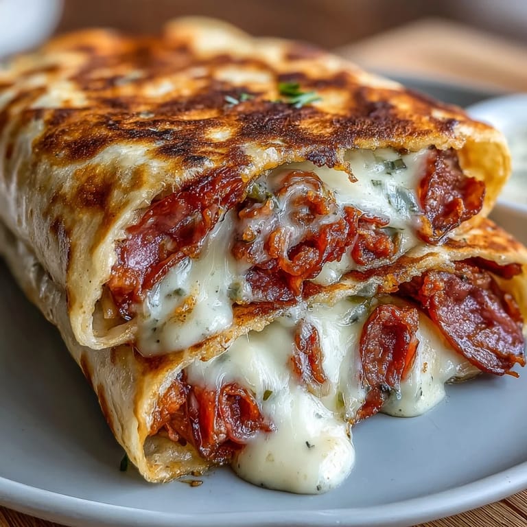 2. Knuspriger Low-Carb-Wrap gefüllt mit würzigem Salami, Peperoni, Provolone-Käse und scharfen Bananenpaprika, serviert mit einem Hauch italienischem Dressing.