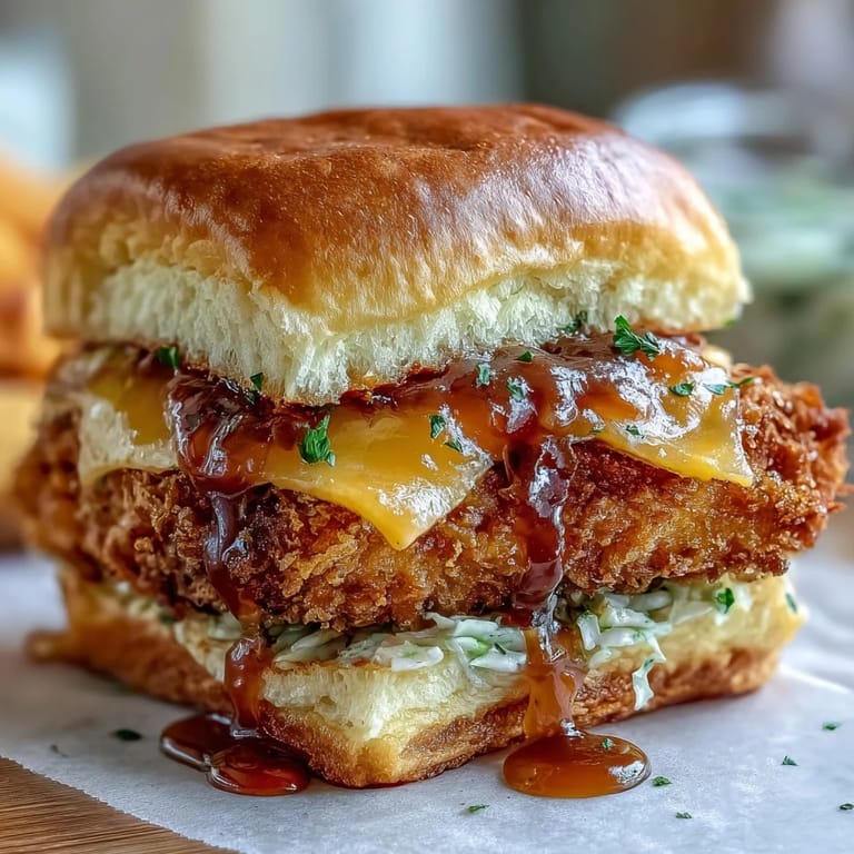 Knusprig gebratene Hähnchen-Slider, serviert mit cremiger Honig-Senf-Sauce und geschmolzenem Cheddar, ideal für den nächsten Spieltag.