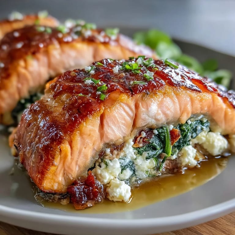 Zarte Lachsfilets mit einer cremigen Spinat-Feta-Paprika-Füllung, goldbraun aus dem Ofen serviert.