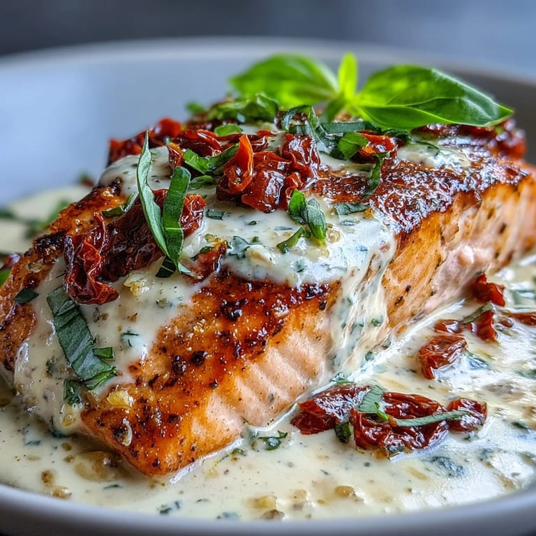 Saftiger Lachs in goldener Kruste serviert mit reicher, aromatischer Sahnesauce und sonnengetrockneten Tomaten.
