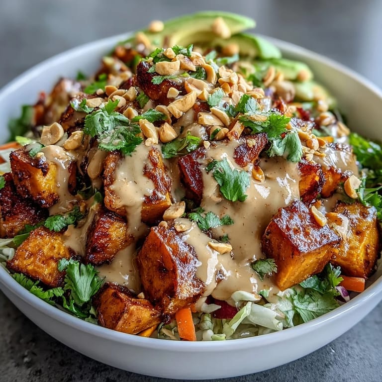 Geröstete Süßkartoffeln, frisches Gemüse und aromatische Erdnuss-Thai-Sauce in einer gesunden Buddha-Bowl – perfekt für einen farbenfrohen, nahrhaften Teller.