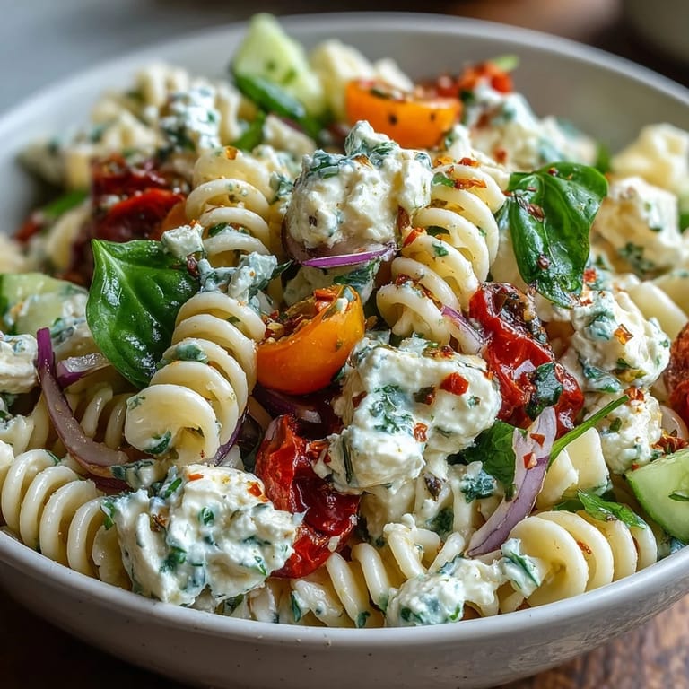 Bunter, erfrischender Nudel-Salat mit Cottage Cheese, knackigem Gemüse und einem zitronigen Dressing für den Sommer.  