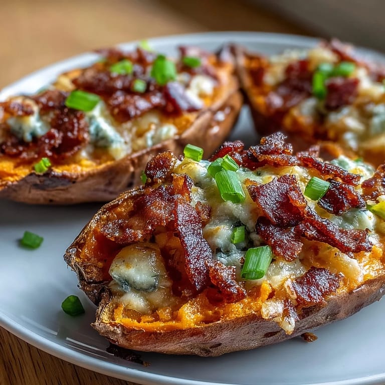 Gebackene Süßkartoffeln gefüllt mit Speck, Cheddar und Eiern, mit Schnittlauch bestreut – ein perfekter Start in den Tag.