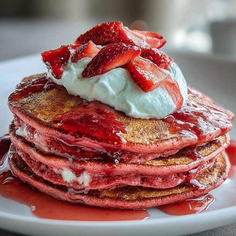 Rosa Pfannkuchen mit einem Hauch Rote Bete, dekoriert mit Erdbeer-Sauce und einem Klecks Schlagsahne für einen süßen Start.