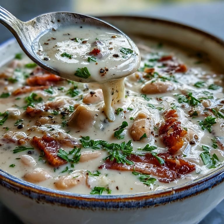 Herzhafte Schüssel cremige Schinken- und Bohnensuppe mit Petersilie garniert.