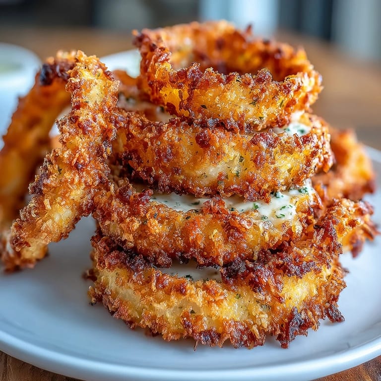 Aromatischer Snack: Zwiebelringe mit Parmesan-Panko-Kruste, knusprig aus der Heißluftfritteuse und begleitet von würzigem Knoblauch-Dip.  