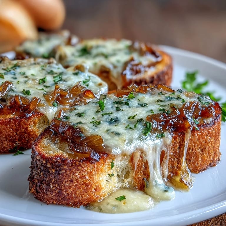 Dampfende französische Zwiebelsuppe mit goldbraun karamellisierten Zwiebeln und knusprigen Gruyère-Sauerteig-Crostini.