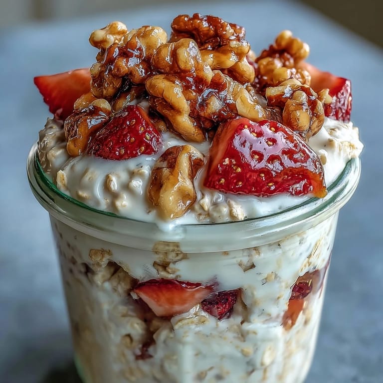Schüssel mit cremigen Overnight Oats, süßen Erdbeeren und goldbraunen kandierten Walnüssen.