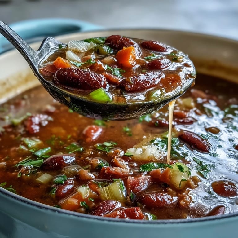 Dampfende 15-Bohnen-Suppe mit einer reichen Brühe, bunten Gemüsestücken und zartem Schinken vom Knochen.