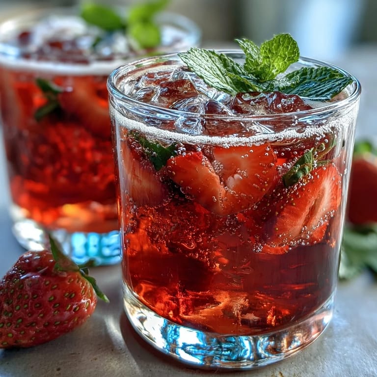 2. Erfrischender alkoholfreier Cocktail mit zerdrückten Erdbeeren, Zitronensaft und prickelndem Wasser, garniert mit Minzblättern.  