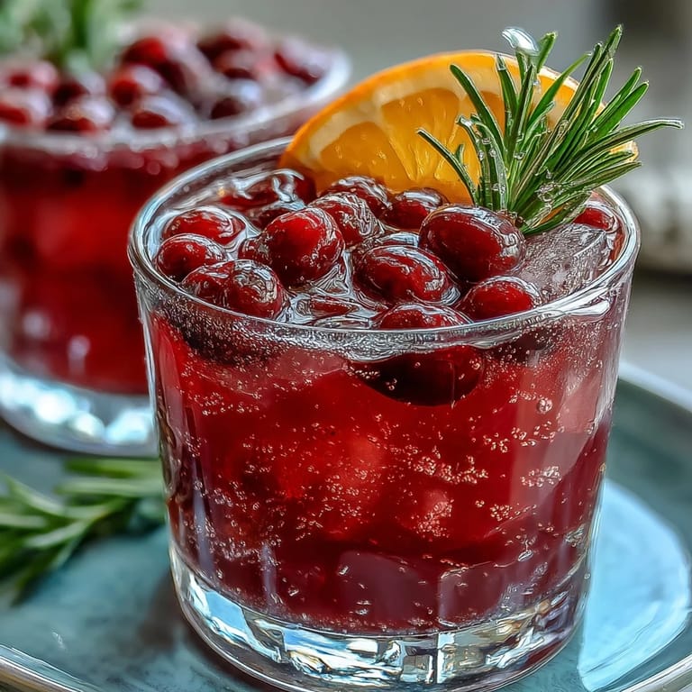 Frische Cranberries und Orangensaft mit Rosmarin aromatisiert, gekühlt mit prickelndem Wasser serviert.