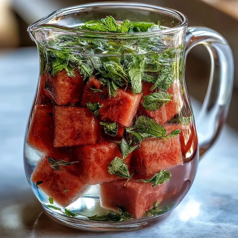 Bunter Krug gefüllt mit Wassermelonen-Minze-Wasser, perfekt für einen sommerlichen Brunch-Tisch.