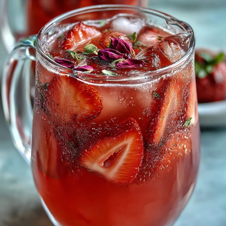 2. Sommerlicher Erdbeer-Rosen-Limonaden-Pitcher mit zarter Rosennote und leuchtend roten Erdbeerscheiben.  