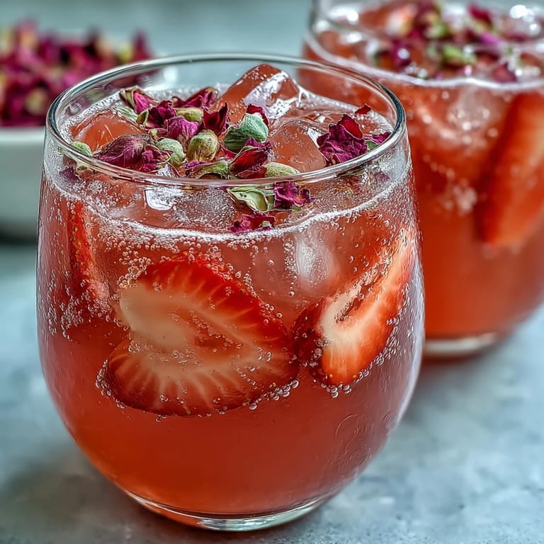 3. Kühler Erdbeer-Rosen-Limonaden-Pitcher perfekt für Gartenpartys, garniert mit Minze und Zitronenspalten.