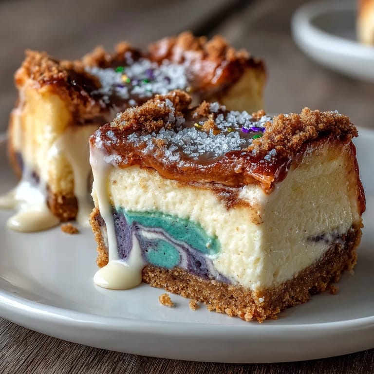 King Cake Cheesecake Bars mit leuchtenden Farben und cremiger Textur, perfekt für Mardi Gras-Feiern.
