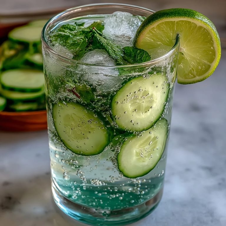 Gläser mit Gurken-Minz-Sparkling-Wasser, garniert mit Limette und Minze für ein sommerliches Highlight.