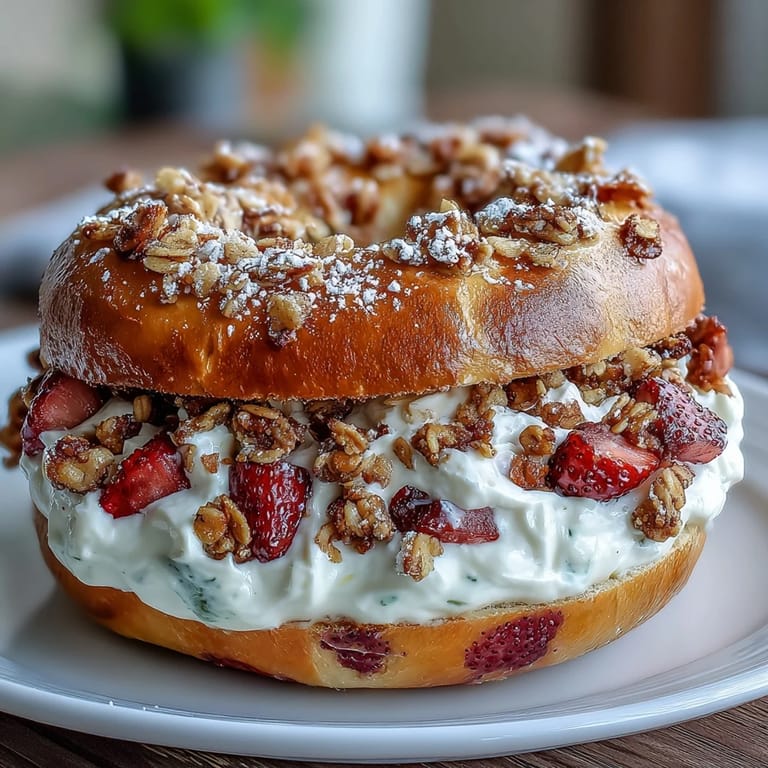 3. Proteinreiche Bagels mit frischen Erdbeeren, cremiger Cheesecake-Creme und goldener Streuselhaube.