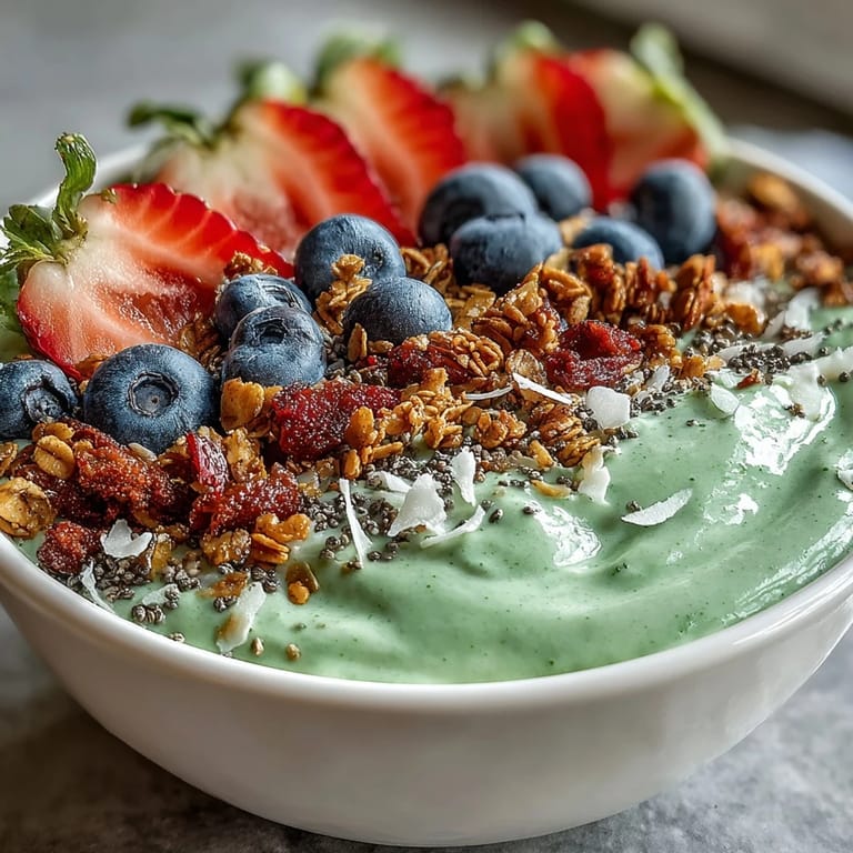 Bunter Smoothie-Bowl mit cremigem Matcha-Joghurt, belegt mit Beeren und Chiasamen.  