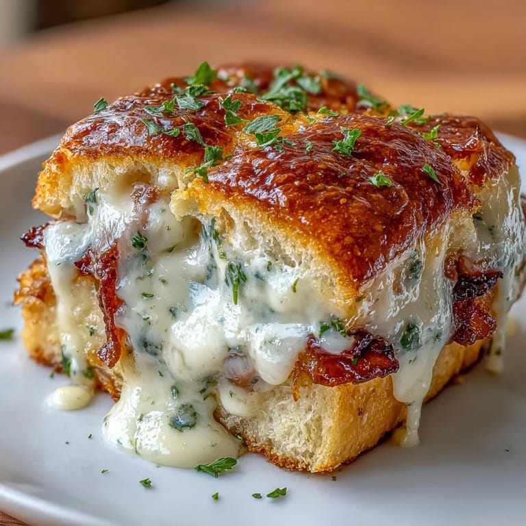 Goldbraune Derby Day Hot Brown Sliders gefüllt mit saftigem Putenbrustfleisch, geräuchertem Bacon und geschmolzener Käsesauce, ideal für Partys.