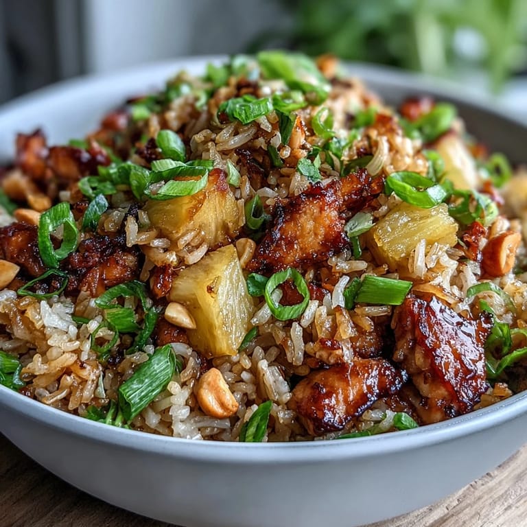 Süßes und herzhaftes Hawaiian Pineapple Chicken Fried Rice mit frischer Ananas, knusprigem Gemüse und gewürztem Hühnchen.