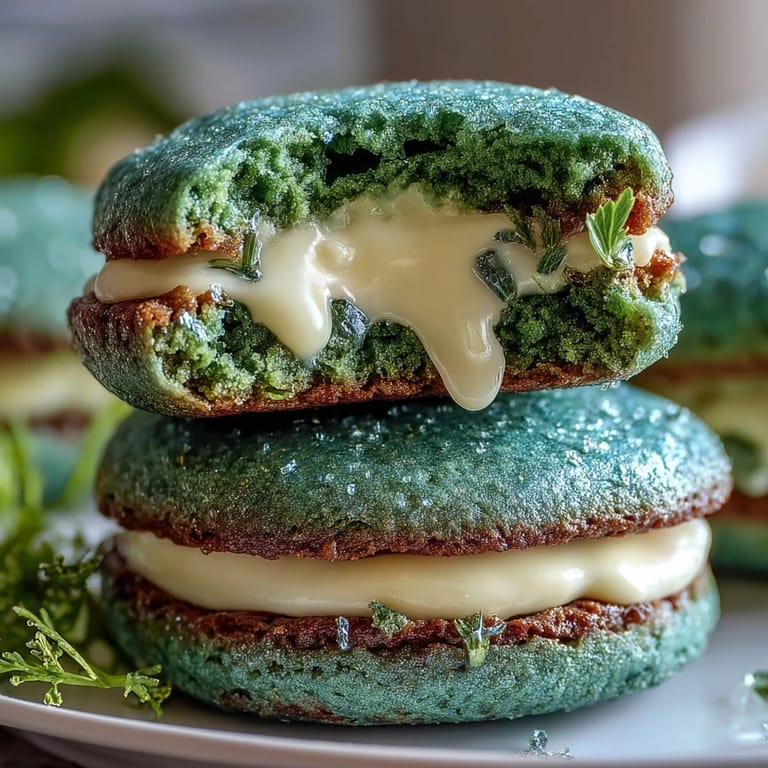 Weiche grüne Zuckerkekse mit glitzerndem Zuckerüberzug, gefüllt mit luftiger Vanillecreme – ein festlicher Genuss.