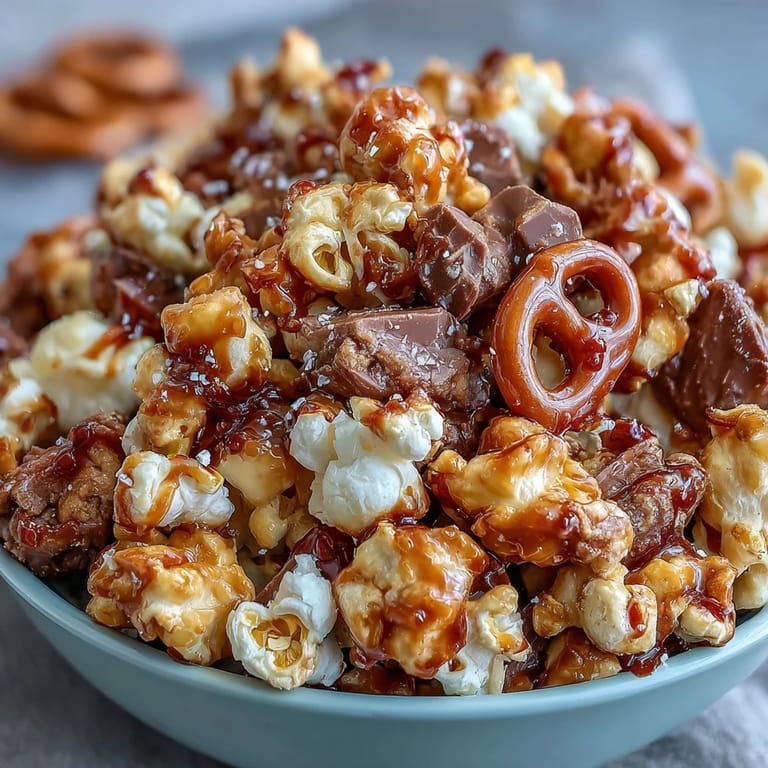 Knuspriges Popcorn mit karamellisierter Glasur, getrockneten Apfelringen und bunten Bonbons—ein Genuss für jeden Anlass.