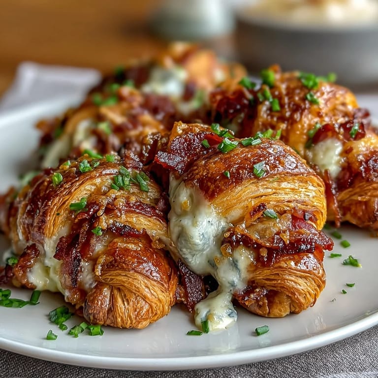 Saftiger Schinken-Croissant-Auflauf mit geschmolzenem Schweizer Käse und frischen Schnittlauch.