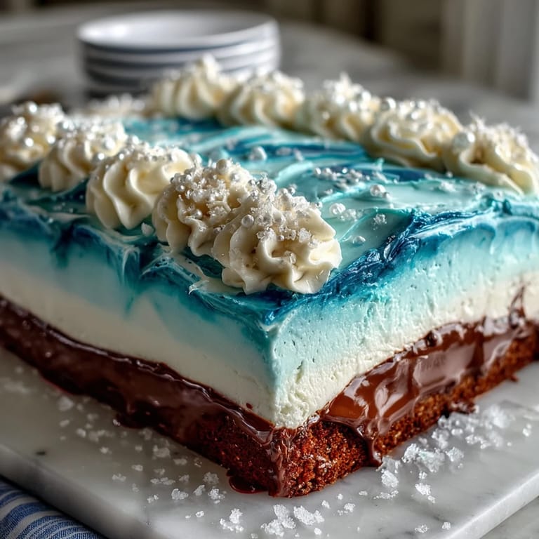 Feuchter Vanille-Blechkuchen mit ombré-Blau-Buttercreme und zarter Wellenmuster-Dekoration.