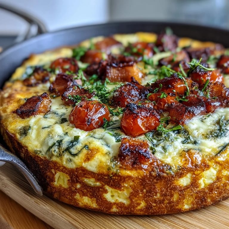Herzhafte One-Pan Frittata mit würzigem Schinken, cremigem Käse und bunten Tomaten auf einem Servierteller.