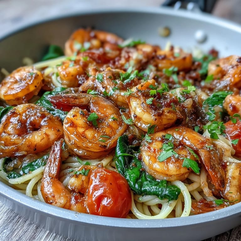 Engelshaarpasta mit Knoblauch-Garnelen, buntem Gemüse und Zitronen-Öl in einer Pfanne serviert.