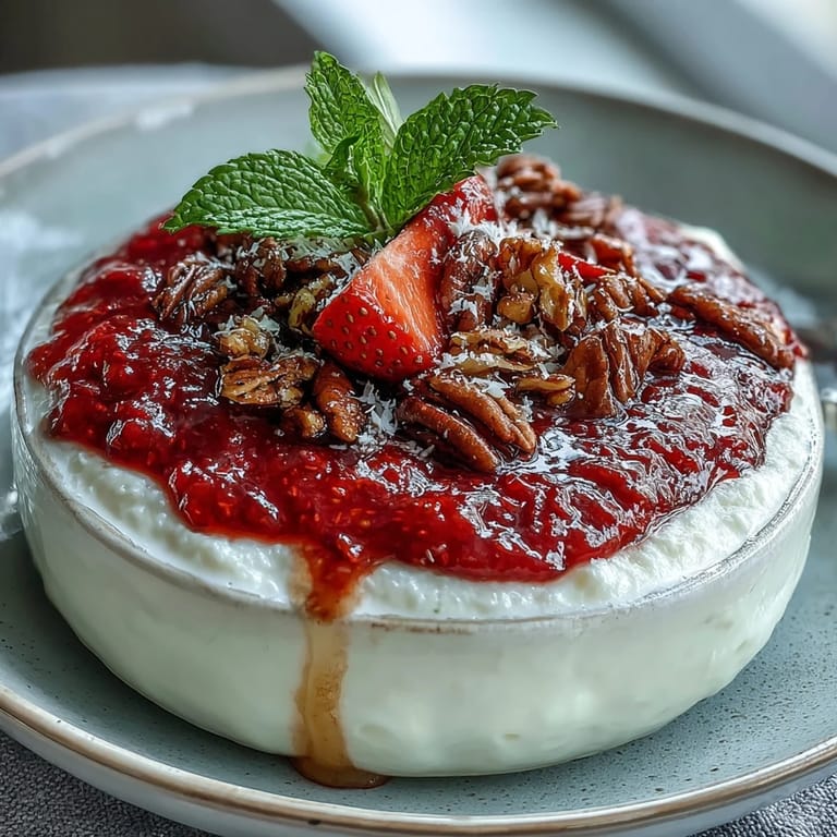 Erdbeer-Kompott über griechischem Joghurt, mit Honig beträufelt und frischen Minzblättern garniert.  