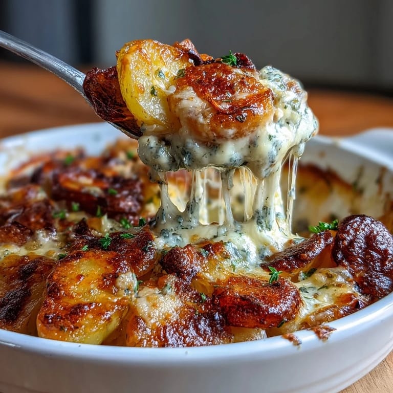 Zarte Kartoffelscheiben in reichhaltiger Sahnesauce mit schmelzendem Käse gebacken.