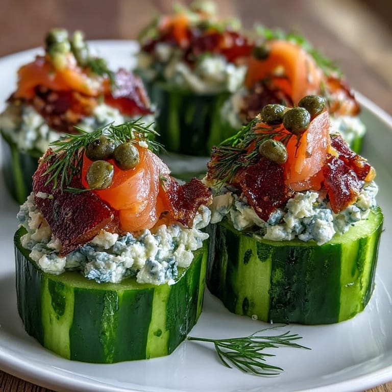 1. Kühle Gurkenbissen mit cremigem Frischkäse und würzigem Lachs – ein erfrischender, glutenfreier Aperitif für Sommerpartys.