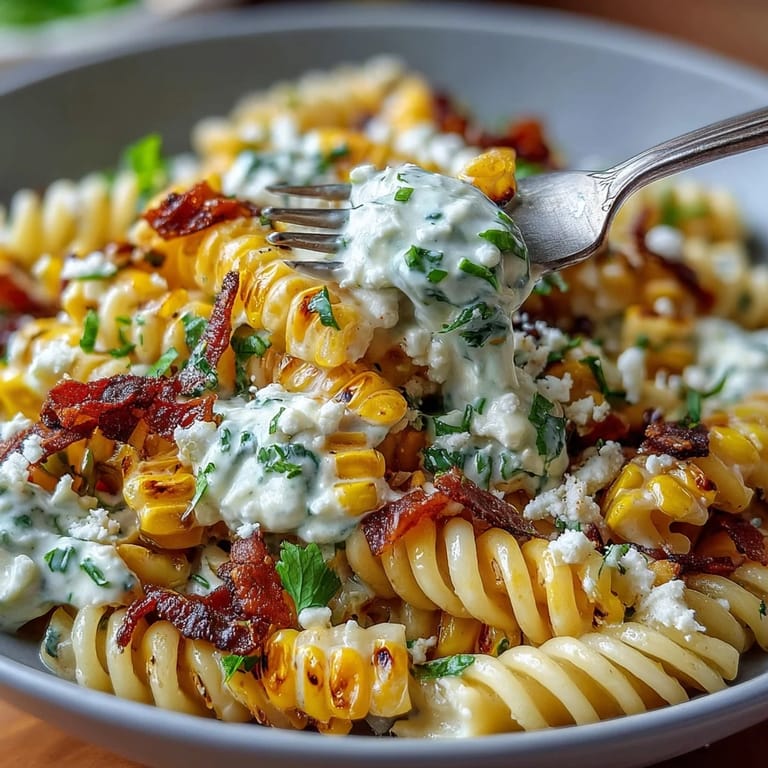 Lebendiger Nudelauflauf mit rauchigem Mais, frischer Limettendressing und Koriander für einen erfrischenden Geschmack.