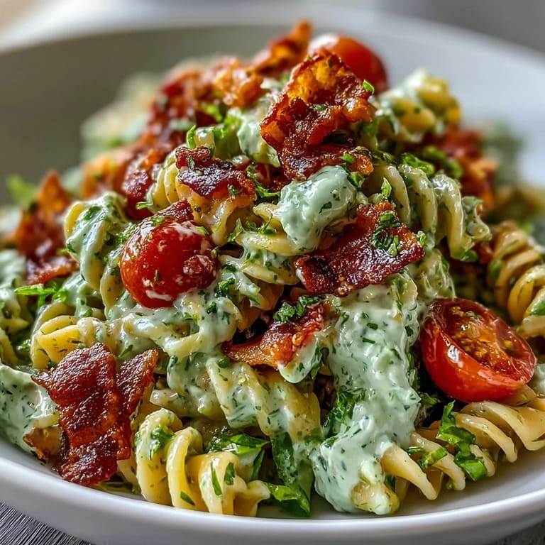 Pasta-Salat mit Speck, Salat und Avocado-Ranch – Perfekt für Picknicks: al dente Nudeln mit frischem Gemüse und herzhaftem Bacon.