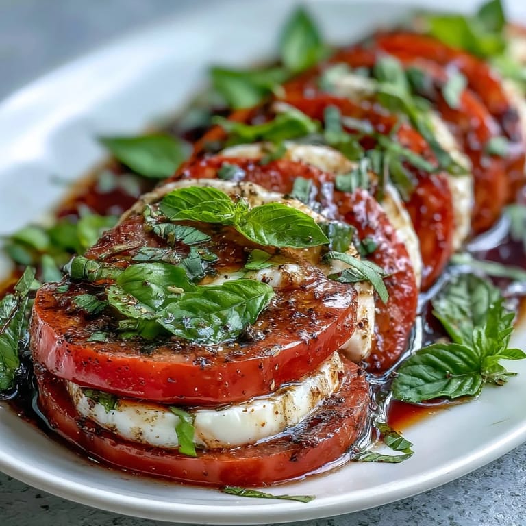 1. Frischer Caprese-Salat mit Basilikum-Dressing, serviert auf einer weißen Platte mit reifen Tomaten und cremigem Mozzarella.